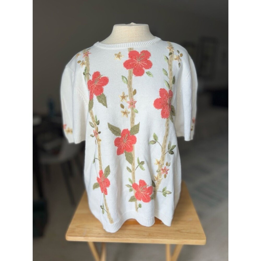 Alfred Dunner Large Vintage Floral Embroidery Short Sleeve Grandma Core